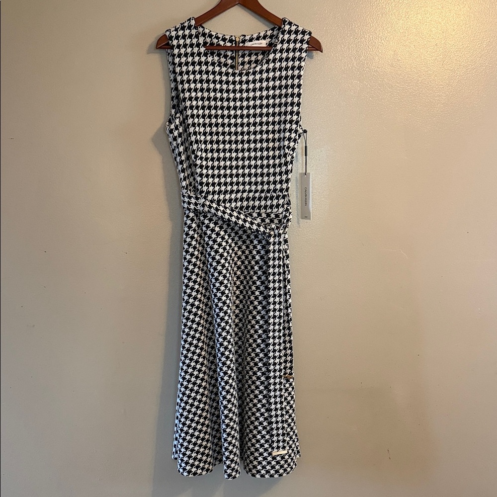 Calvin Klein Sleeveless Houndstooth Midi Dress - Black & White